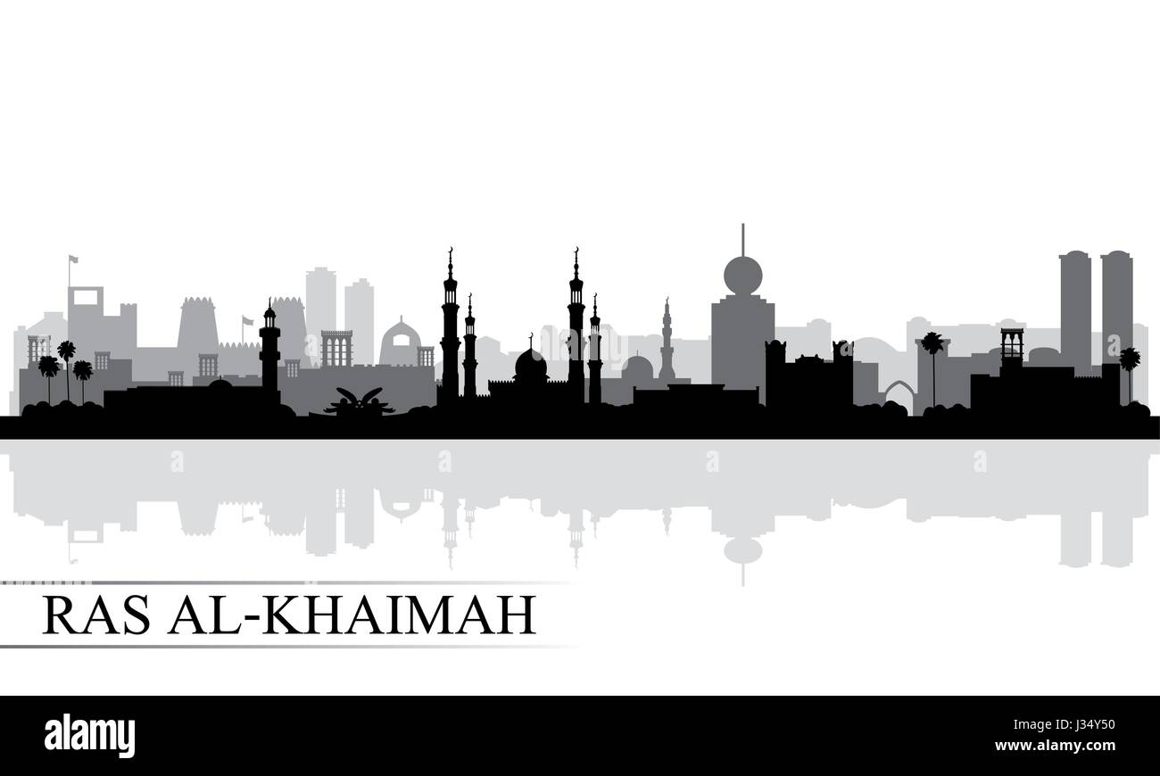 Ras al-Khaimah skyline della città sullo sfondo di silhouette, illustrazione vettoriale Illustrazione Vettoriale