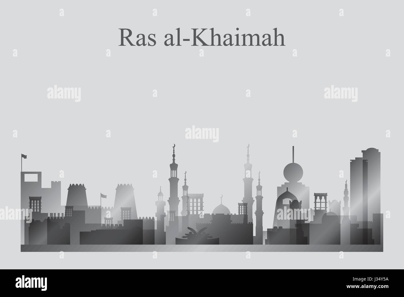 Ras al-Khaimah skyline della città silhouette in scala di grigi, illustrazione vettoriale Illustrazione Vettoriale