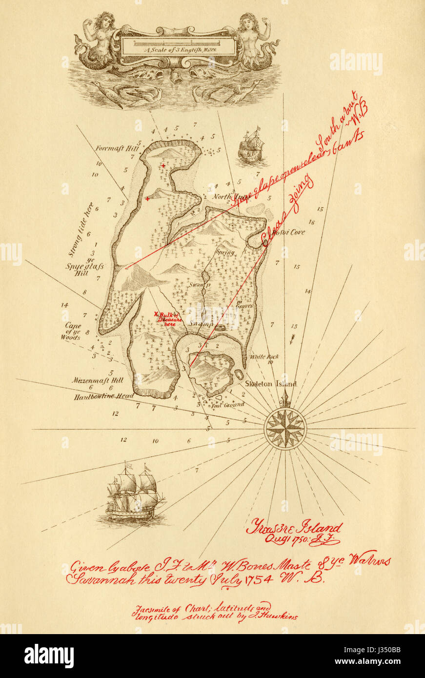 Antique 1897 incisione, Mappa di Isola del Tesoro, dall'Isola del Tesoro di Robert Louis Stevenson. Fonte: incisione originale. Foto Stock