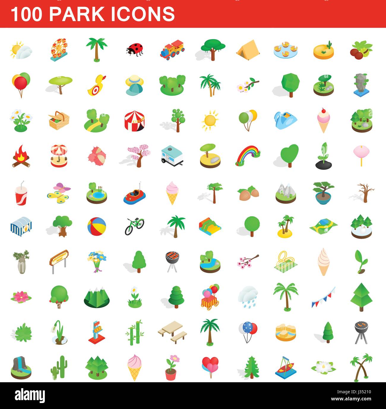 100 Park set di icone isometrica 3d style Illustrazione Vettoriale