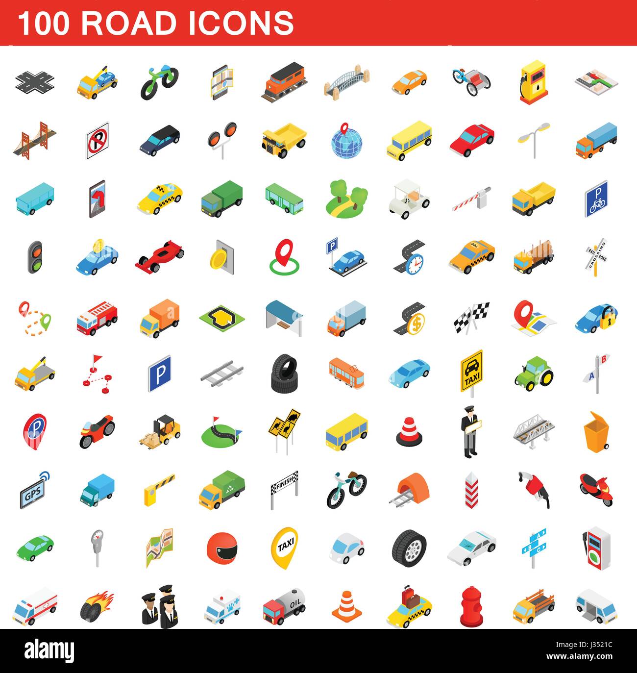 100 Strada set di icone isometrica 3d style Illustrazione Vettoriale