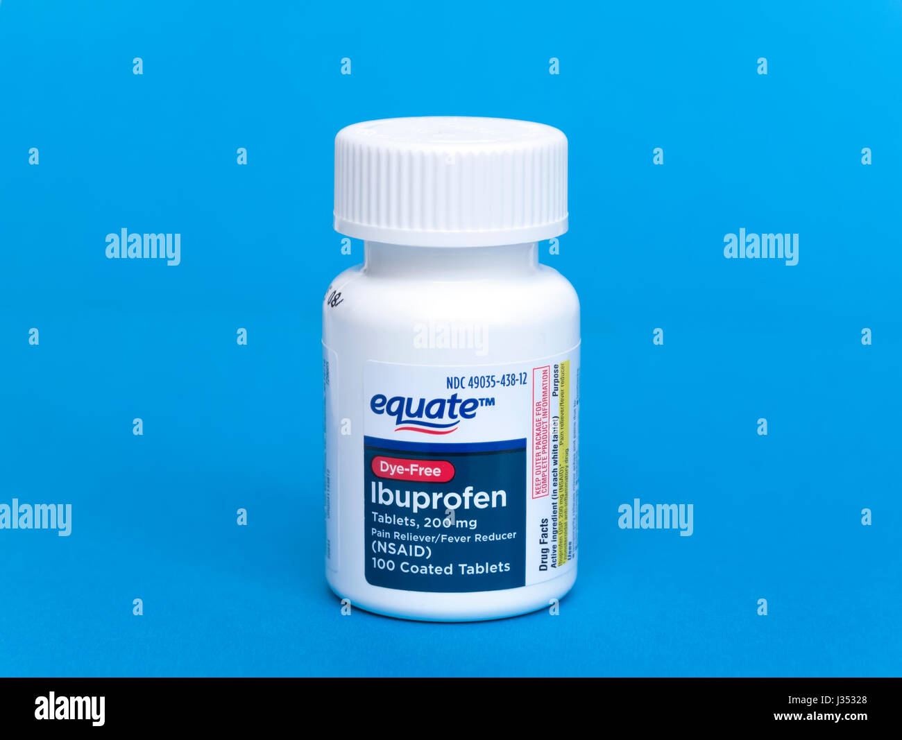 Bottiglia di equiparare, Generic Ibuprofen, (colorante libero) che viene usato per ridurre infiammazione e dolore nel corpo. Foto Stock