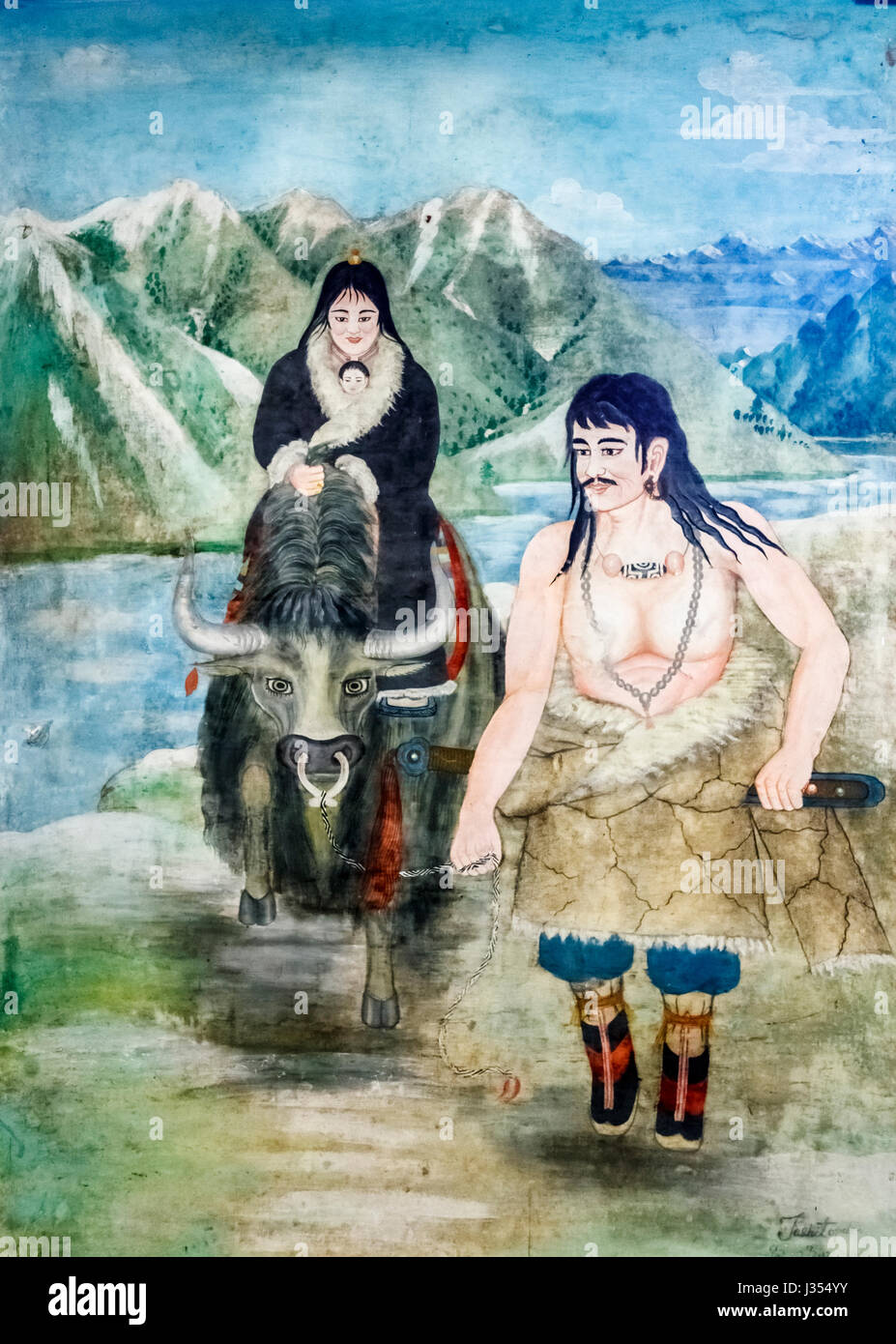 Pittura murale, Chonor House Hotel, McLeodGanj, Dharamshala, Himachal Pradesh, India. Tradizionale stile di vita Tibetano: yak herder con la moglie e il bambino Foto Stock
