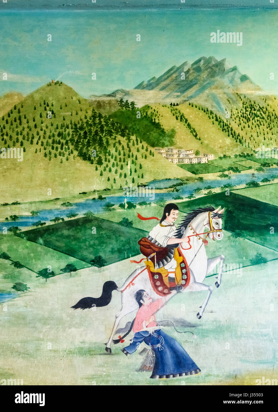 Pittura murale, Chonor House Hotel, McLeodGanj, Dharamshala, Himachal Pradesh, India del nord che raffigura una cultura tibetana, un cavaliere e cavallo di allevamento Foto Stock