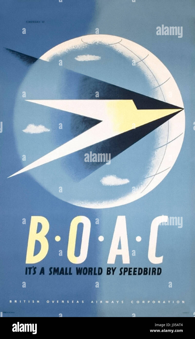 "BOAC è un piccolo mondo da Speedbird' 1947 British Overseas Airways Corporation Poster. Artwork da Tom Eckersley (1914-1997) con l'Art Deco Speedbird logo disegnato da Theyre Lee-Elliott (1903-1988). Foto Stock