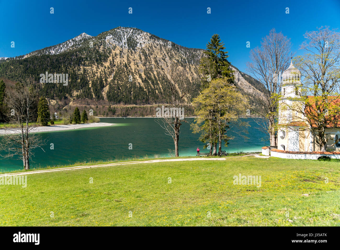 Kapelle San Margareth auf der Halbinsel Zwergern, Walchensee, Kochel am See, Bayern, Deutschland | Cappella San Margareth, Zwergern penisola, Lak Foto Stock