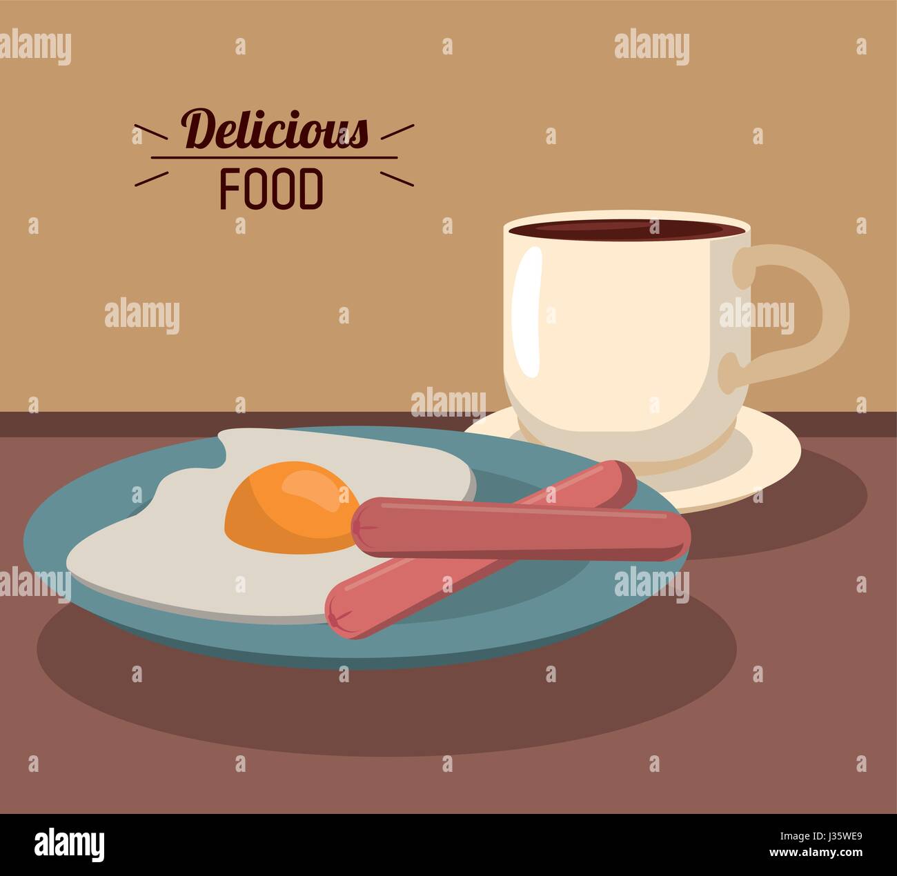 Deliziosi piatti per la colazione con uova fritte con salsicce e tazza da caffè Illustrazione Vettoriale