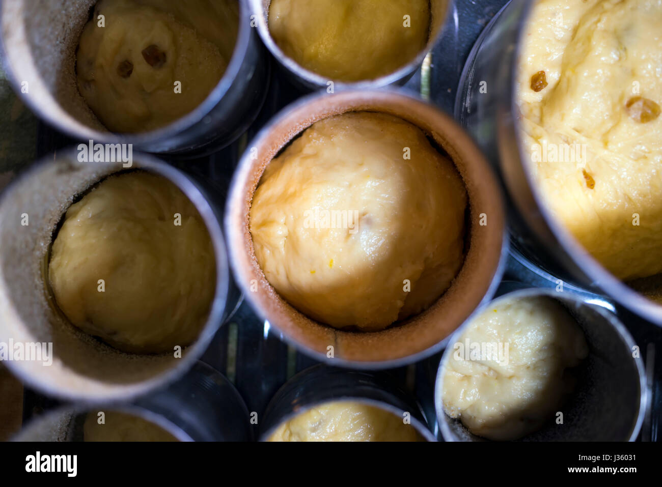 La misteriosa crescita della pasticceria con uvetta disposti in forma circolare forme e viene preparato per la cottura in forno dopo sorge a. Foto Stock
