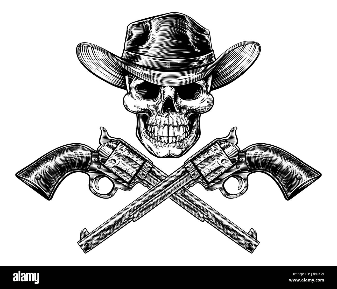 Cranio cowboy nel cappello e una coppia di attraversata pistola pistola revolver sei shooter pistole disegnato in un vintage retrò xilografia incisa o stile inciso Foto Stock