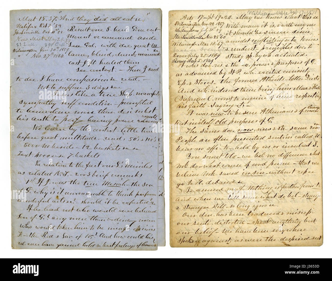 Antique c1860 mano sermone scritto da un predicatore di viaggio. Quello sulla sinistra attinge da Matteo 15:37 'e tutti mangiarono e furono saziati; e portarono delle rotture di carne che è stata lasciata sette panieri pieni." Quello sulla destra trae dagli Atti 17:19-20 '19 e lo presero e lo condussero fino all Areopago, dicendo: "Potremmo sapere qual è questa nuova dottrina che tu proponi? 20 Poiché tu rechi cose strane ai nostri orecchi: vogliamo dunque sapere che cosa significano queste cose". Foto Stock