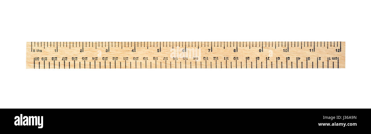 Pollici e centimetri righello di misurazione isolata su bianco Foto Stock