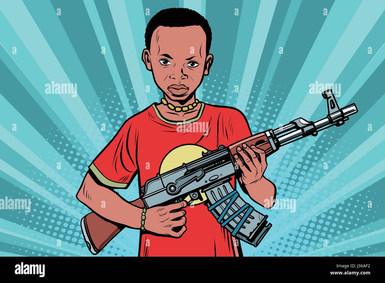 Ragazzo africano con AKM armi automatiche. Fumetto cartone animato in stile pop art vettore illustrazione rétro Illustrazione Vettoriale