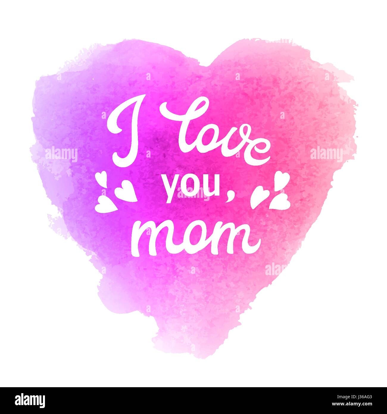Ti amo mamma. Biglietto di auguri con il cuore e con la scritta a mano il testo su abstract rosa e viola acquerello a forma di cuore ad uno sfondo morbido. Decorazione per la Festa della Mamma design. Font illustrazione vettoriale. Illustrazione Vettoriale