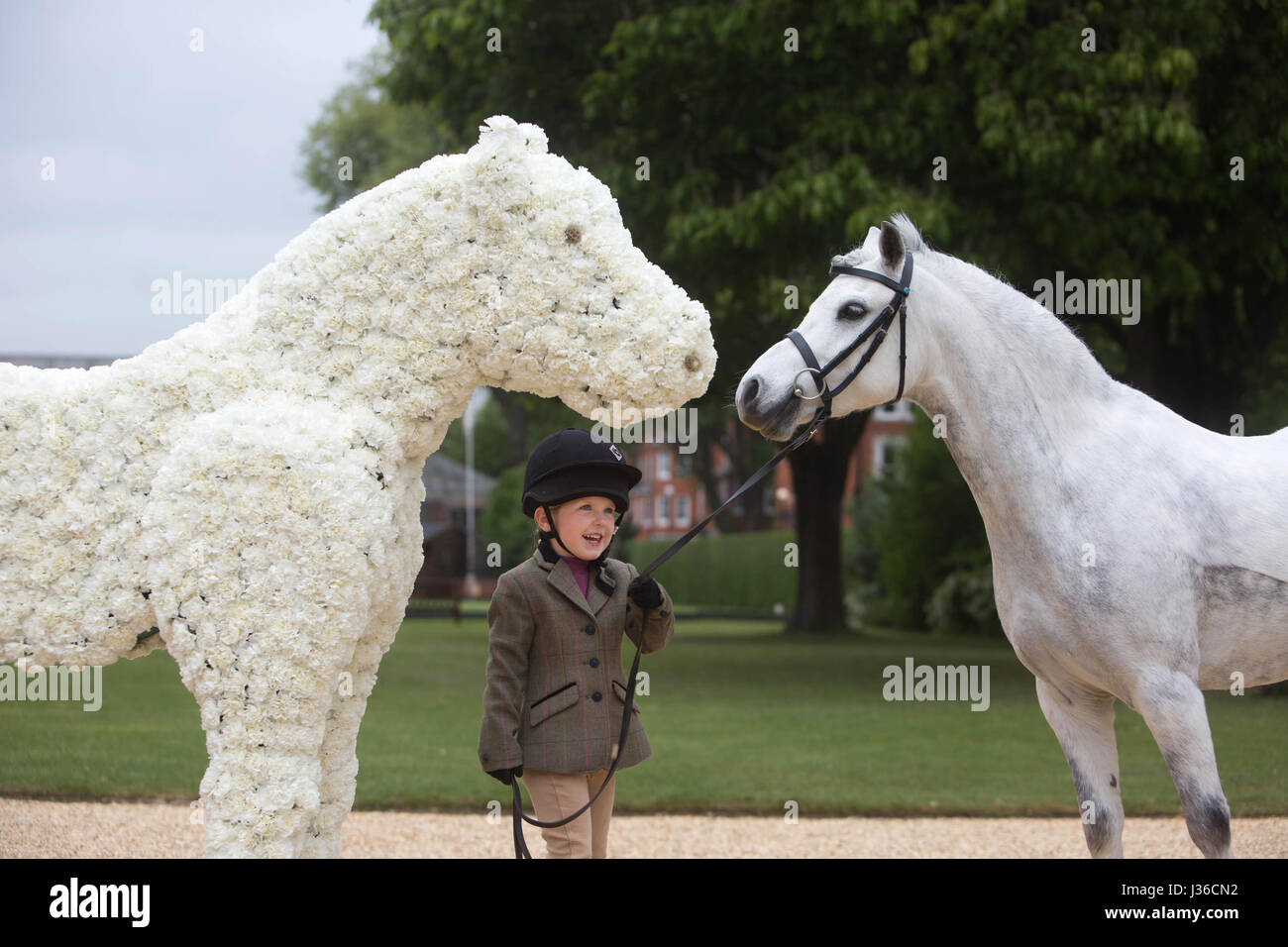 Solo uso editoriale quattro anni di Darcy Fowler introduce Nutkin, un pony al salvataggio di una dimensione di vita modello di se stesso, che è stata interamente fatta di garofani bianchi dal fioraio Judith Blacklock per celebrare il mondo del benessere del cavallo il novantesimo anniversario e contrassegnare la carità il costante impegno a migliorare i cavalli' vive in tutto il mondo, presso il Royal Chelsea Hospital di Londra. Foto Stock