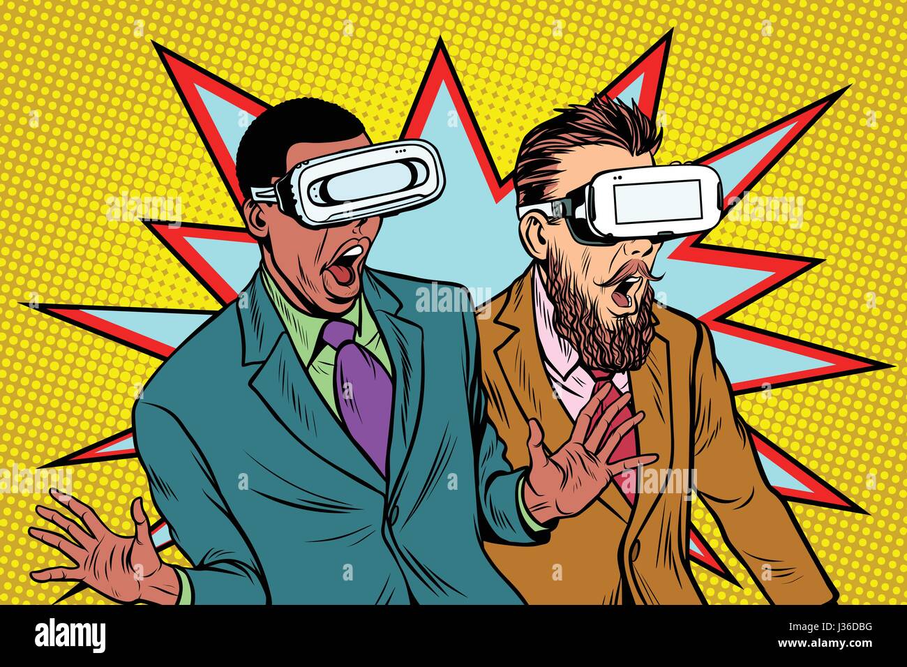 Due uomini in occhiali VR spaventato e urlando in preda al panico. Film e Intrattenimento. La Pop art retrò illustrazione vettoriale Illustrazione Vettoriale
