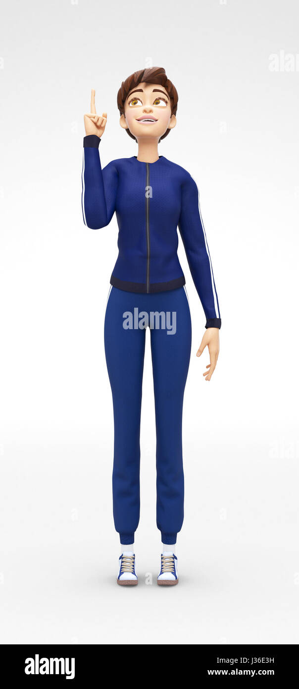 Sorridente, curiosi e felici Jenny - 3D fumetto personaggio femminile modello Sport - incuriosito dalla straordinaria idea brillante Foto Stock