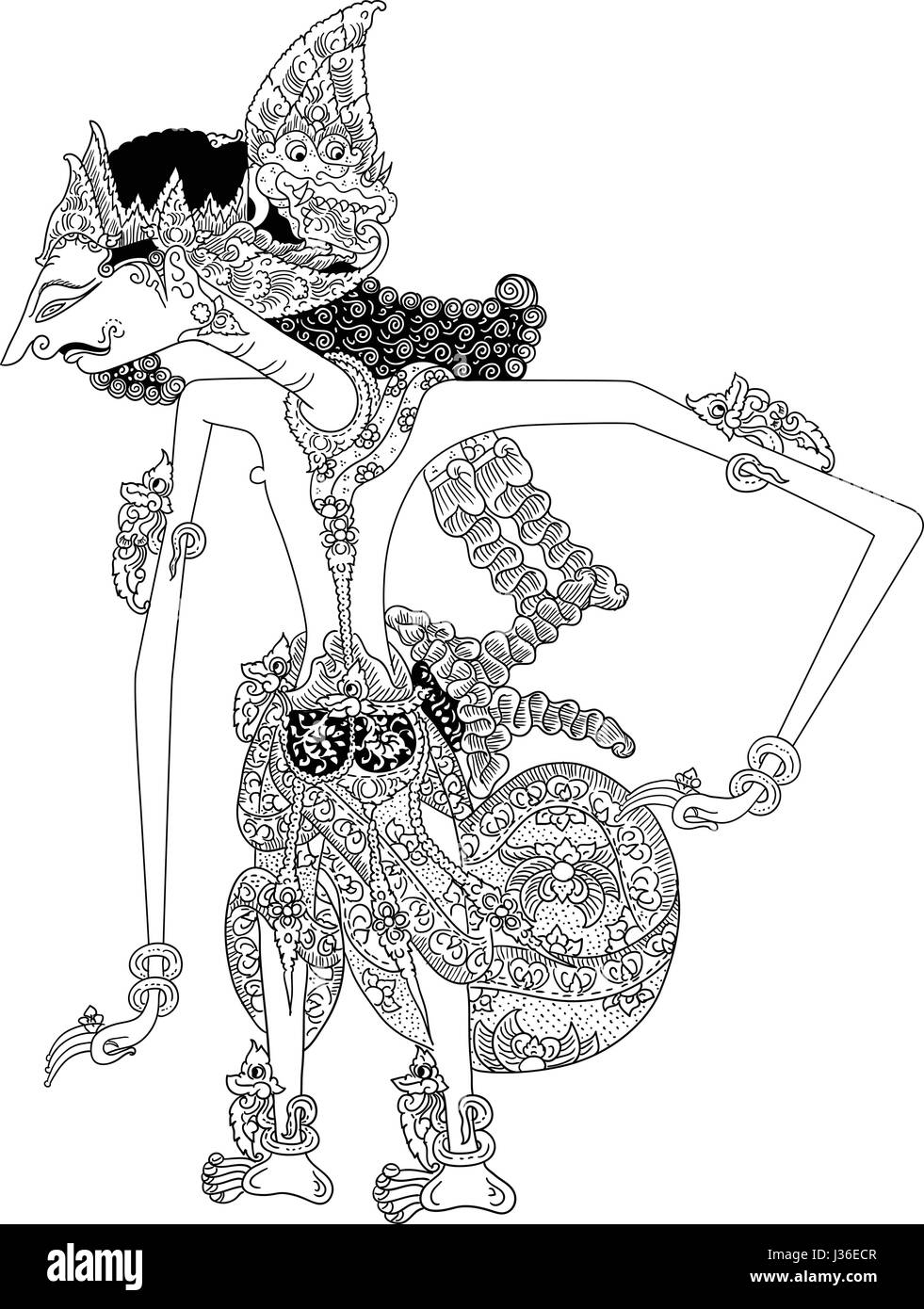 Basunanda, un carattere di tradizionale spettacolo di marionette, Wayang Kulit da java indonesia. Illustrazione Vettoriale