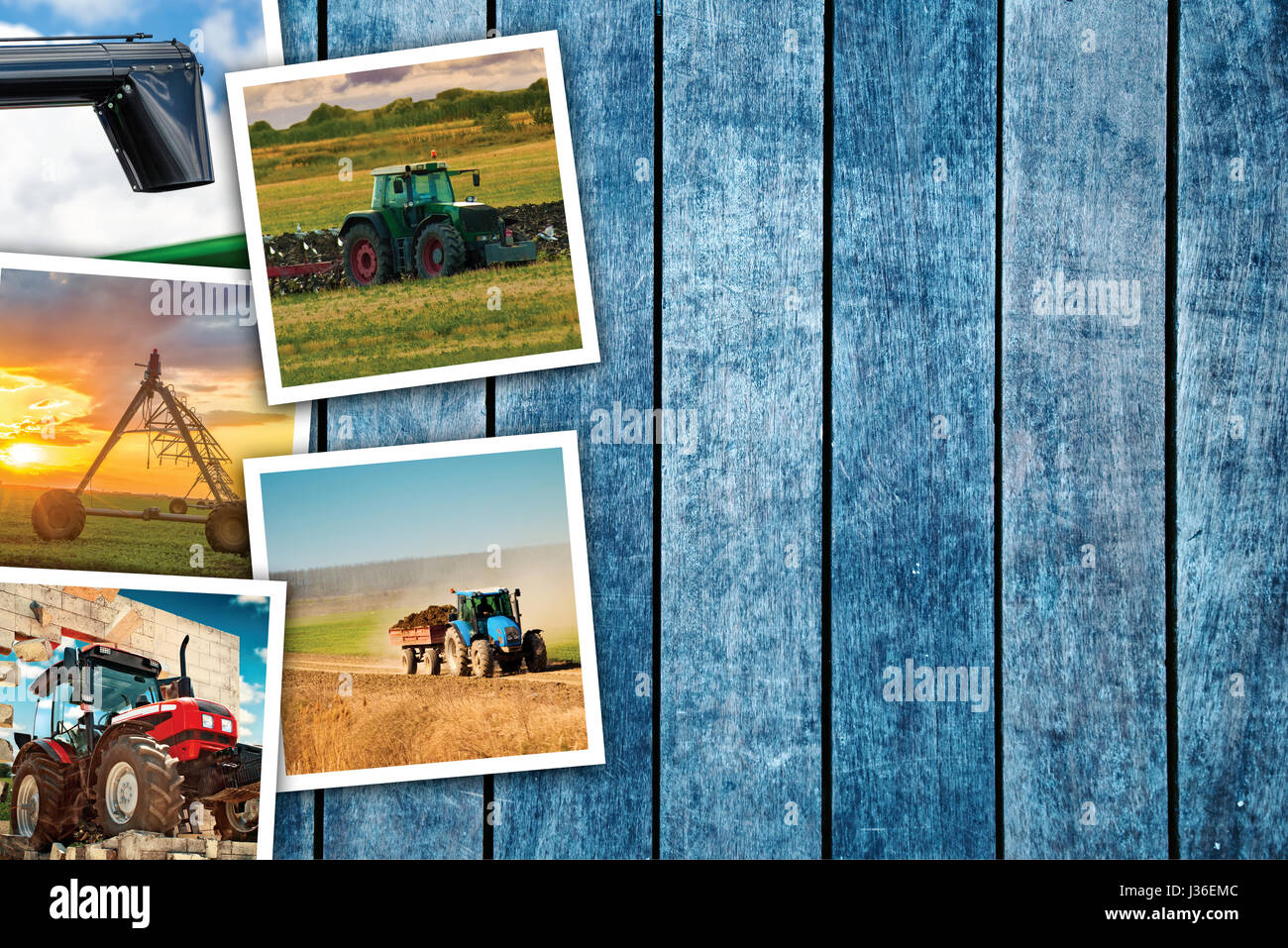 Macchine agricole photo collage con spazio copia - trattori e i sistemi di irrigazione Foto Stock