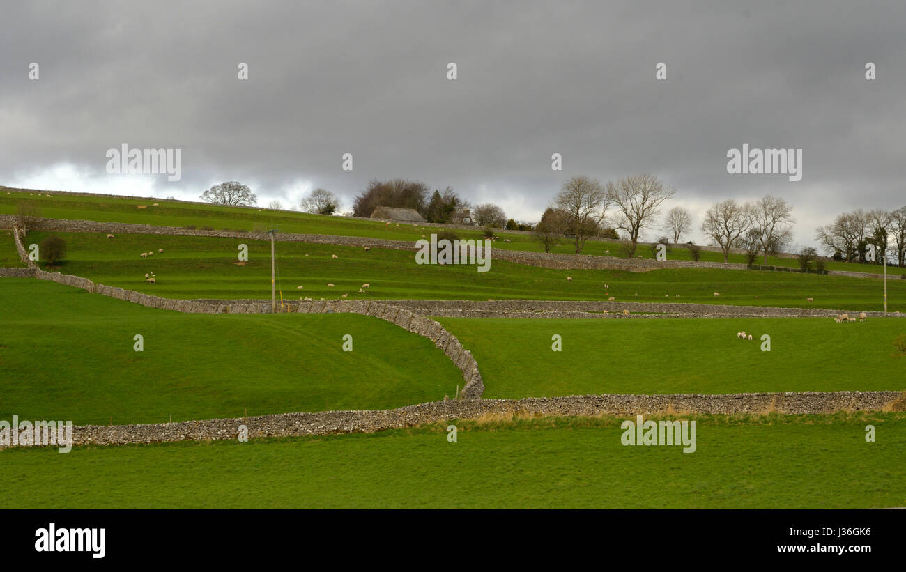 Pareti di pietra a Bursall sotto un cielo meditabondo Foto Stock