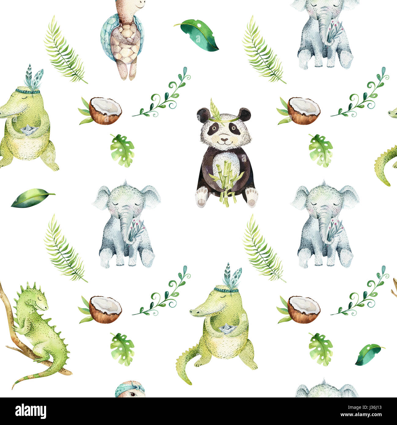 Baby animali isolati di vivaio seamless pattern. Acquerello boho disegno tropicale, bambino disegno tropicale, panda, carino il coccodrillo, tropico di elefante, iguana verde e tartaruga. Foto Stock