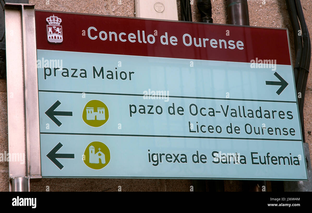 Direzioni urbano segni di Orense, regione della Galizia, Spagna, Europa Foto Stock