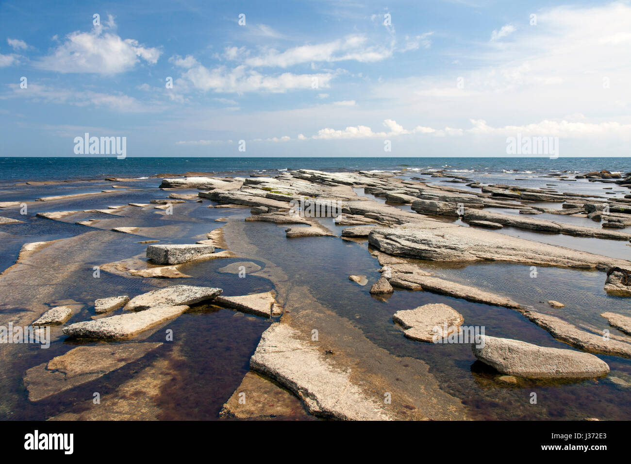 Gislövshammar, rocce calcaree nel litorale lungo la costa del Mar Baltico a Österlen, Skane / Scania in Svezia Foto Stock