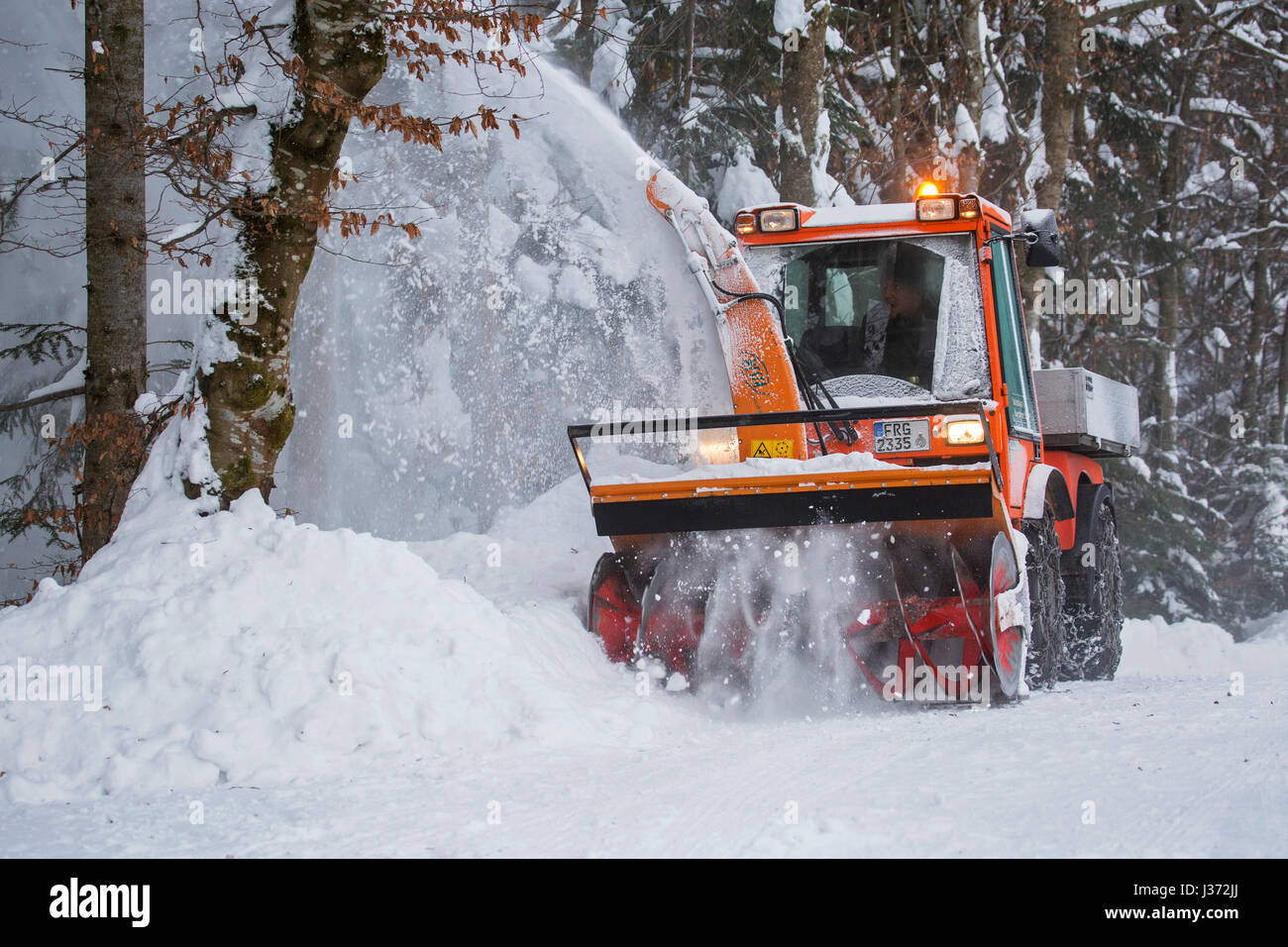 Titolare C9700H trattore comunale con lo spalaneve sgombero della neve dalla strada nella foresta dopo la nevicata in inverno Foto Stock