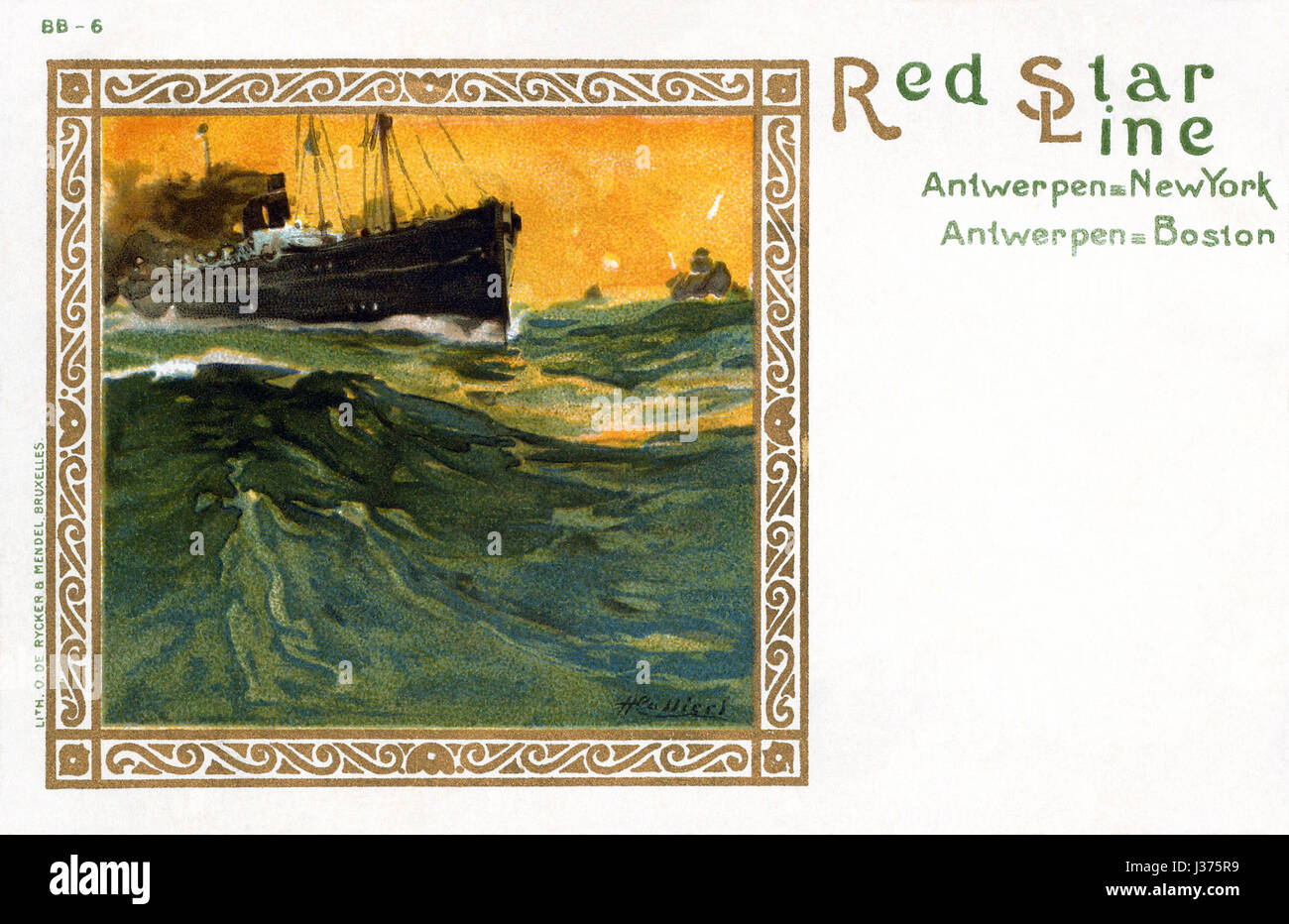 Cartolina Vintage per la Red Star Line spedizione, illustrato da Henri Cassiers. Pubblicato per la prima volta c1901. Foto Stock