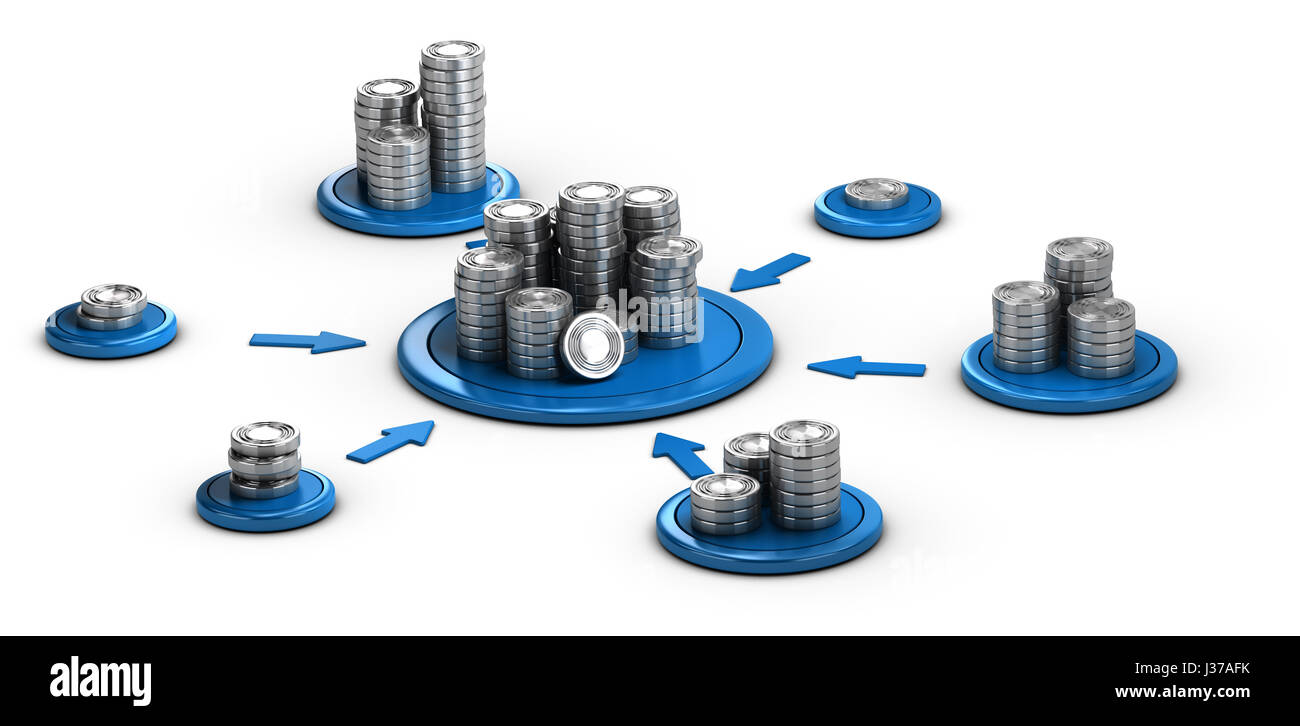 Pile di monete generico su sfondo bianco con le frecce blu rivolta verso la pila più alta. Conceptual 3D illustrazione per investimenti di denaro o collabora Foto Stock