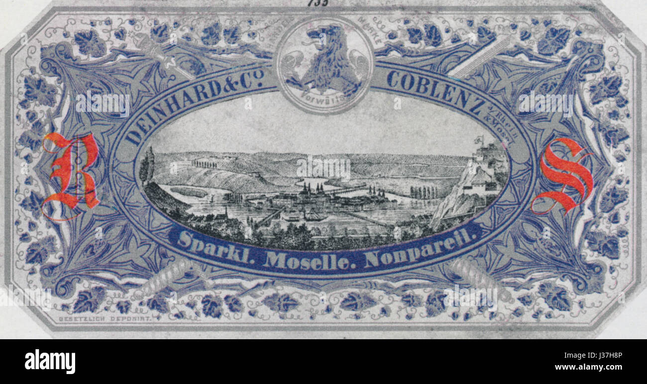 Deinhard è un'azienda vinicola tedesca nota per i suoi vini di alta qualità. L'etichetta del XIX secolo rappresenta la lunga storia e l'impegno del marchio per la vinificazione di qualità. Foto Stock