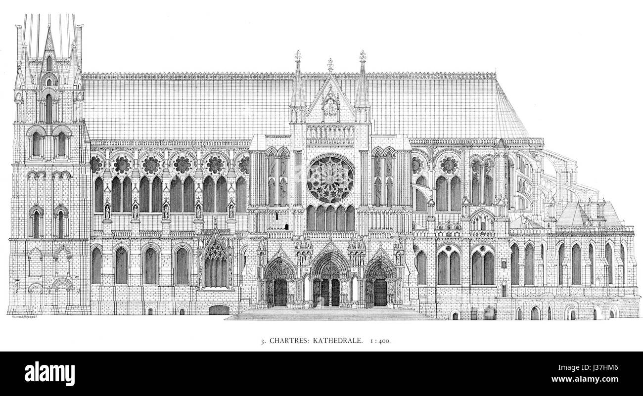 *Chartres* si riferisce alla Cattedrale di Notre-Dame a Chartres, in Francia, un capolavoro dell'architettura gotica francese. *Dehio von Bezold* è un riferimento a un'opera accademica sull'arte e l'architettura, concentrandosi in particolare su strutture medievali come la Cattedrale di Chartres. L'opera mette in risalto le caratteristiche architettoniche dell'cathedralâ, il suo significato simbolico e il suo posto nella storia dell'architettura medievale e dell'arte religiosa. Foto Stock