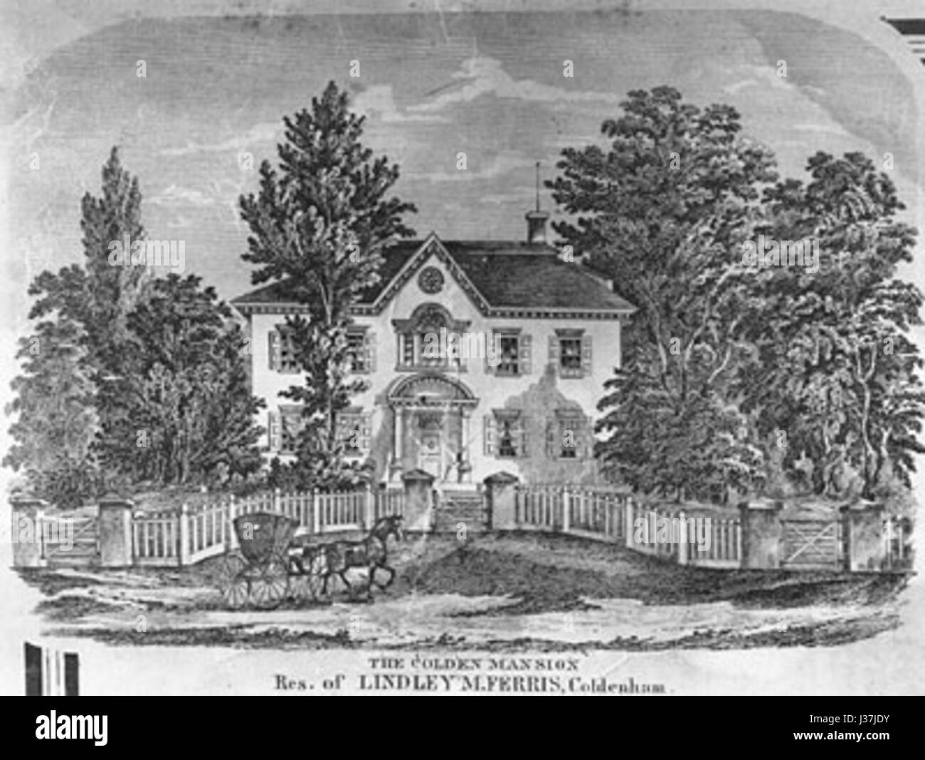 L'incisione di Colden Mansion è una rappresentazione storica della villa, potenzialmente legata alla famiglia Colden, che riflette lo stile architettonico e il significato della villa nella prima storia americana. Foto Stock