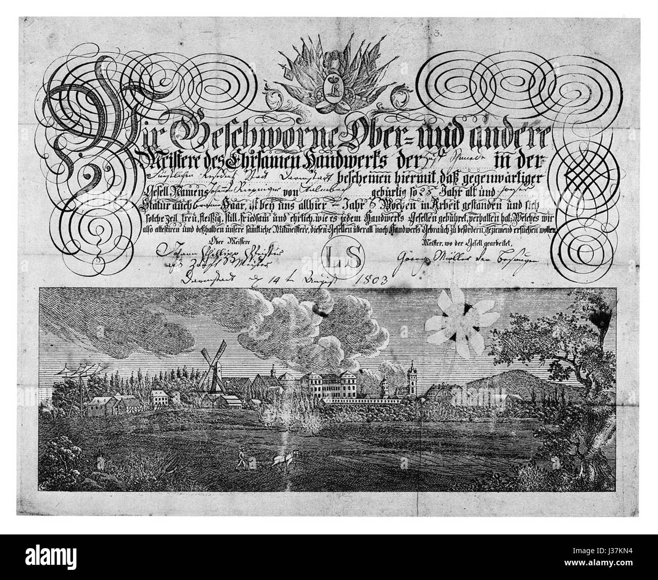 Darmstadt nel 1803 si riferisce alla città durante un momento storico fondamentale all'inizio del XIX secolo. A quel tempo, la città era un centro per l'attività culturale e intellettuale in Germania, contribuendo alla crescita dell'arte, della scienza e della filosofia. Foto Stock