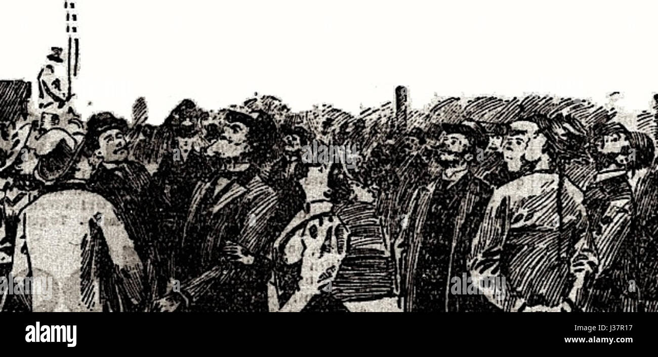 Una folla nel 1896 è raffigurata mentre osserva un misterioso dirigibile, probabilmente legato all'aviazione precoce o all'avvistamento di un oggetto volante non identificato. Questo evento fa parte del fascino storico per i fenomeni aerei inspiegabili della fine del XIX secolo. Foto Stock