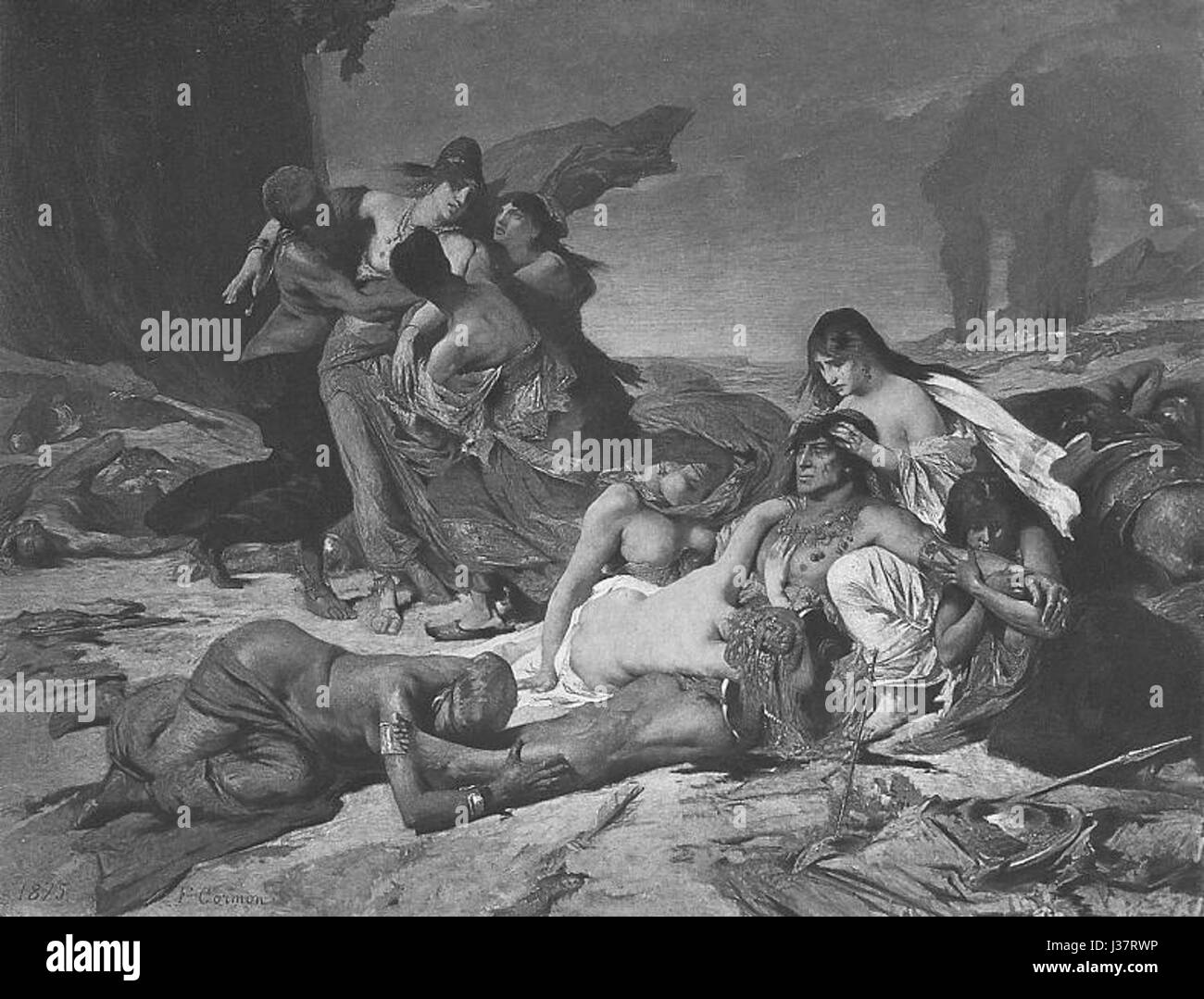 La "morte di Ravana" si riferisce a una scena dell'epica indù Ramayana, dove il re demoniaco Ravana viene ucciso dall'eroe Rama. Questo evento segna un momento cruciale nell'epica, simboleggiando la vittoria del bene sul male e il ripristino del dharma (giustizia). Foto Stock