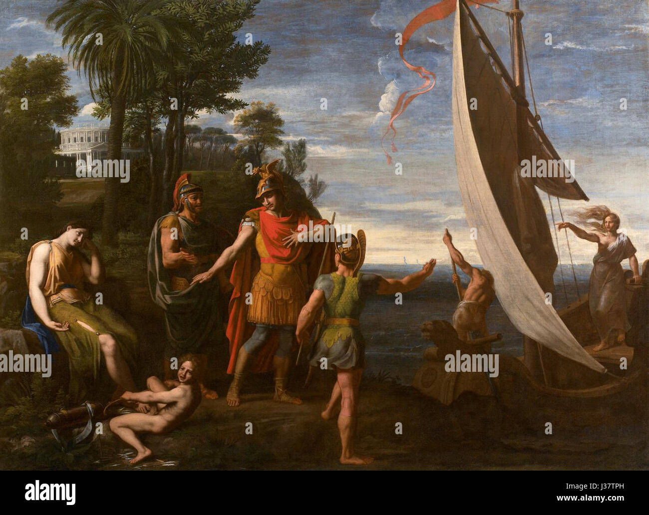 "Colombel Rinaldo abbandona Armida" è un dipinto che raffigura una scena drammatica della letteratura italiana. Mostra Rinaldo, un cavaliere, che abbandona Armida, una maga, come parte di un famoso episodio del poema epico "Gerusalemme consegnata" di Torquato tasso. Foto Stock