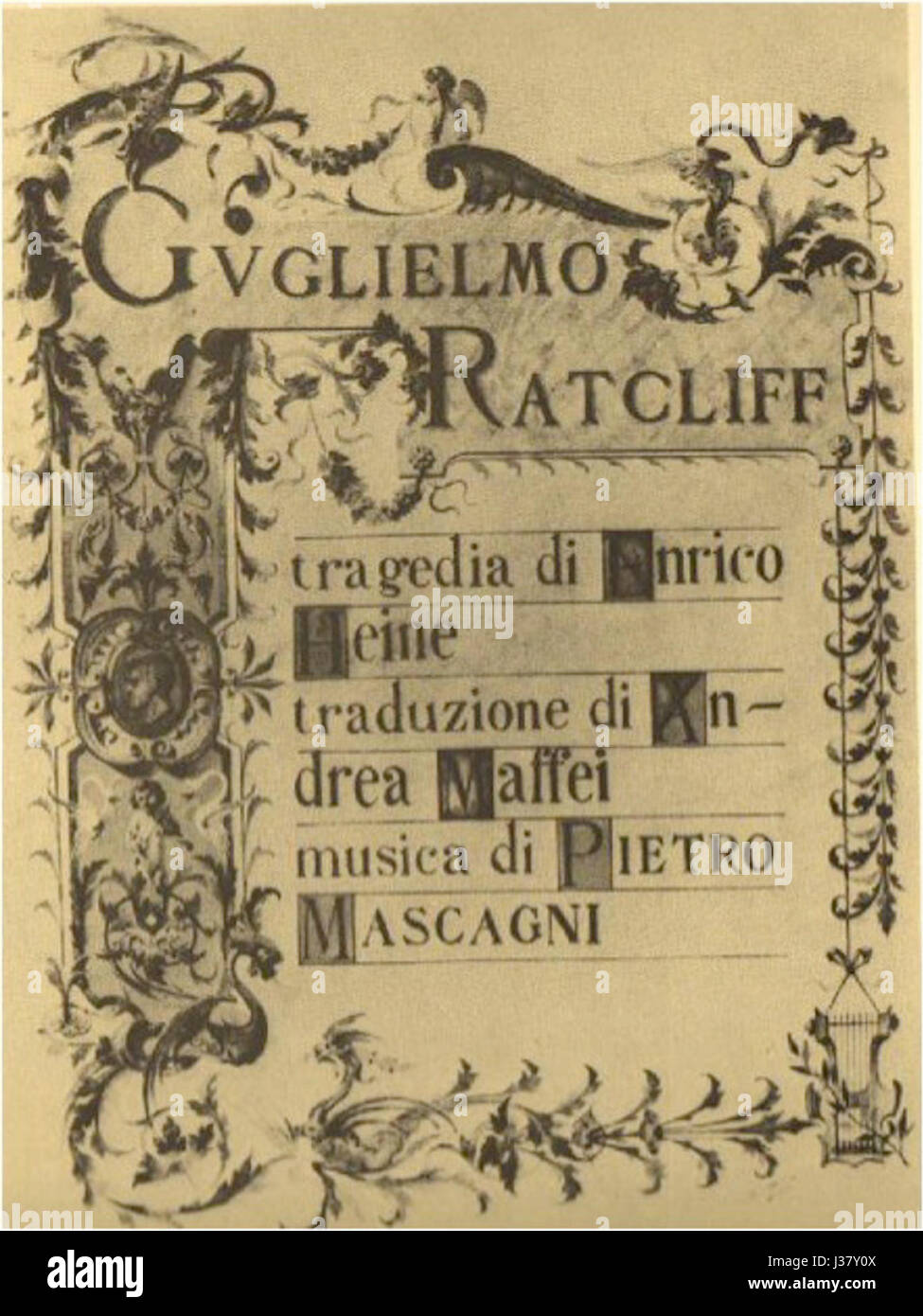 Questa copertina è dedicata all'opera "Guglielmo Ratcliff" di Pietro Mascagni, raffigurante una rappresentazione visiva chiave dell'opera. L'opera riflette i temi drammatici e i personaggi all'interno della narrazione dell'opera. Foto Stock