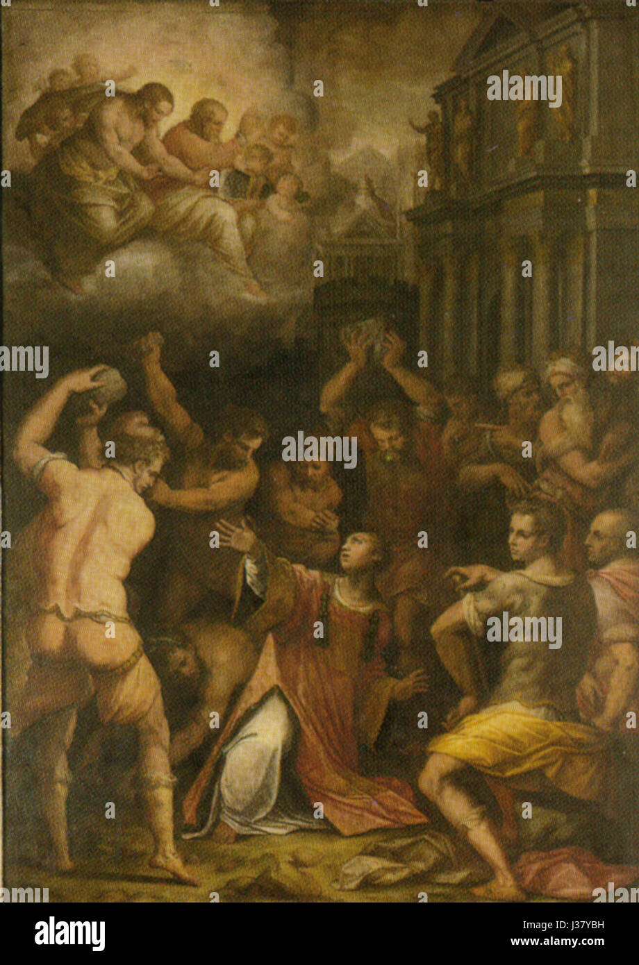 Il dipinto "Lapidazione di Santo Stefano" di Giorgio Vasari, ospitato nella Chiesa di Santo Stefano a Pisa, raffigura la lapidazione di Santo Stefano. Questa opera d'arte mostra lo stile rinascimentale del Vasari, combinando narrazione religiosa con una drammatica espressione artistica. Foto Stock