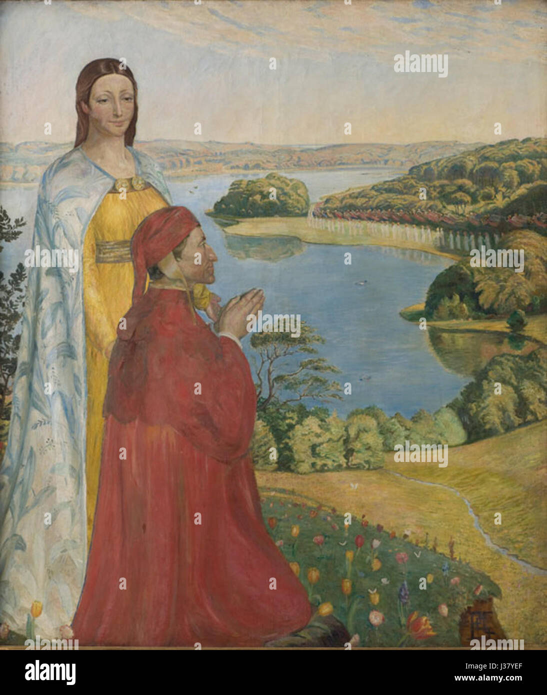 "Dante and Beatrice in Paradise" è un dipinto dell'artista danese Christiansen, creato nel 1893. L'opera raffigura la famosa scena della "Divina Commedia" di Dante, che mostra Dante e Beatrice nel regno paradisiaco. Il dipinto cattura un momento di elevazione spirituale e armonia divina, con vivido simbolismo tratto dal capolavoro letterario di Danteâ. Foto Stock