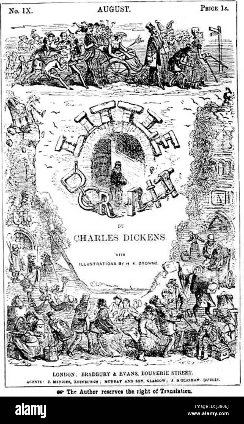 La copertina delle parti mensili di "Little Dorrit" di Charles Dickens presenta un'illustrazione relativa ai novelâ temi della classe sociale, della povertà e delle lotte della classe inferiore nell'Inghilterra vittoriana. Foto Stock
