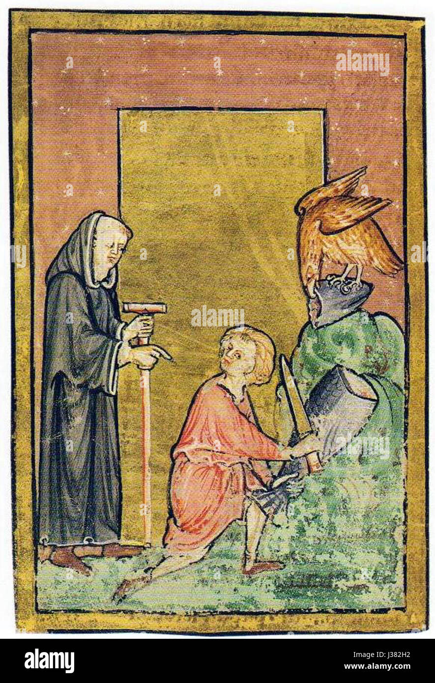 Cuthbert, probabilmente riferendosi a San Cuthbert, è spesso raffigurato con un'aquila, simbolo della sua santità e protezione divina. Questa immagine probabilmente illustra la connessione tra Cuthbert e l'aquila, che fa parte della sua leggenda. Foto Stock