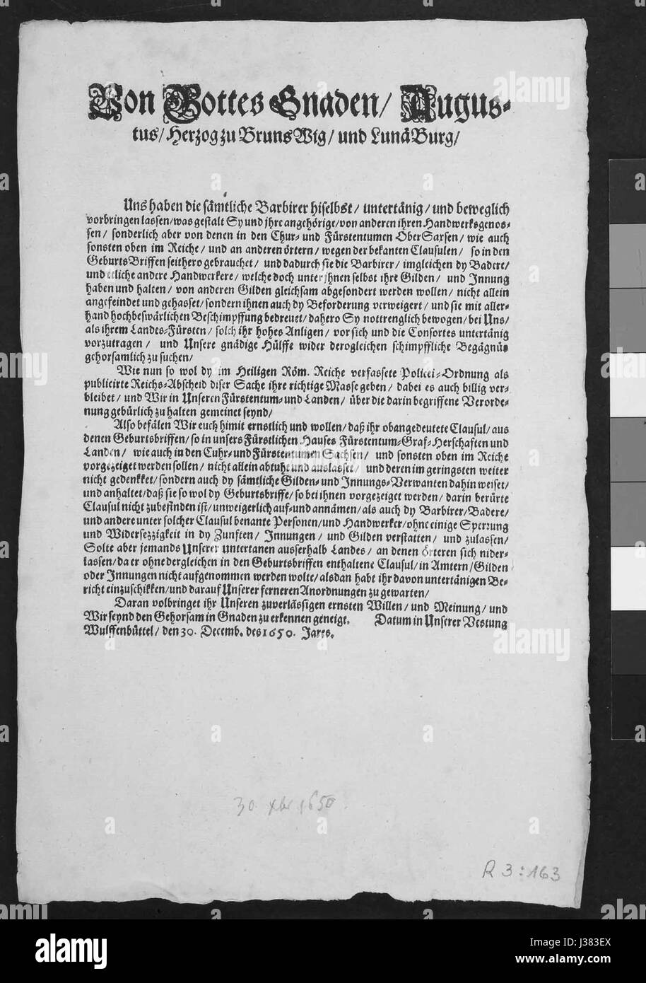 DE Verordnung ueber die Streichung von Handwerken in den Geburtsbriefen 1650 Foto Stock