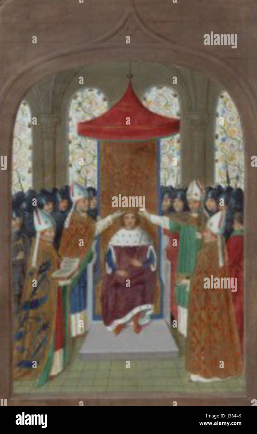 L'incoronazione di Enrico IV di Jean Wavrin è una rappresentazione storica dell'ascesa al trono del kingâ francese. Il lavoro di Wavrinâ cattura il significato politico e cerimoniale dell'evento, illustrando le dinamiche di potere del tempo. L'opera fornisce una rappresentazione visiva della monarchia francese del XV secolo e della cerimonia di incoronazione. Foto Stock