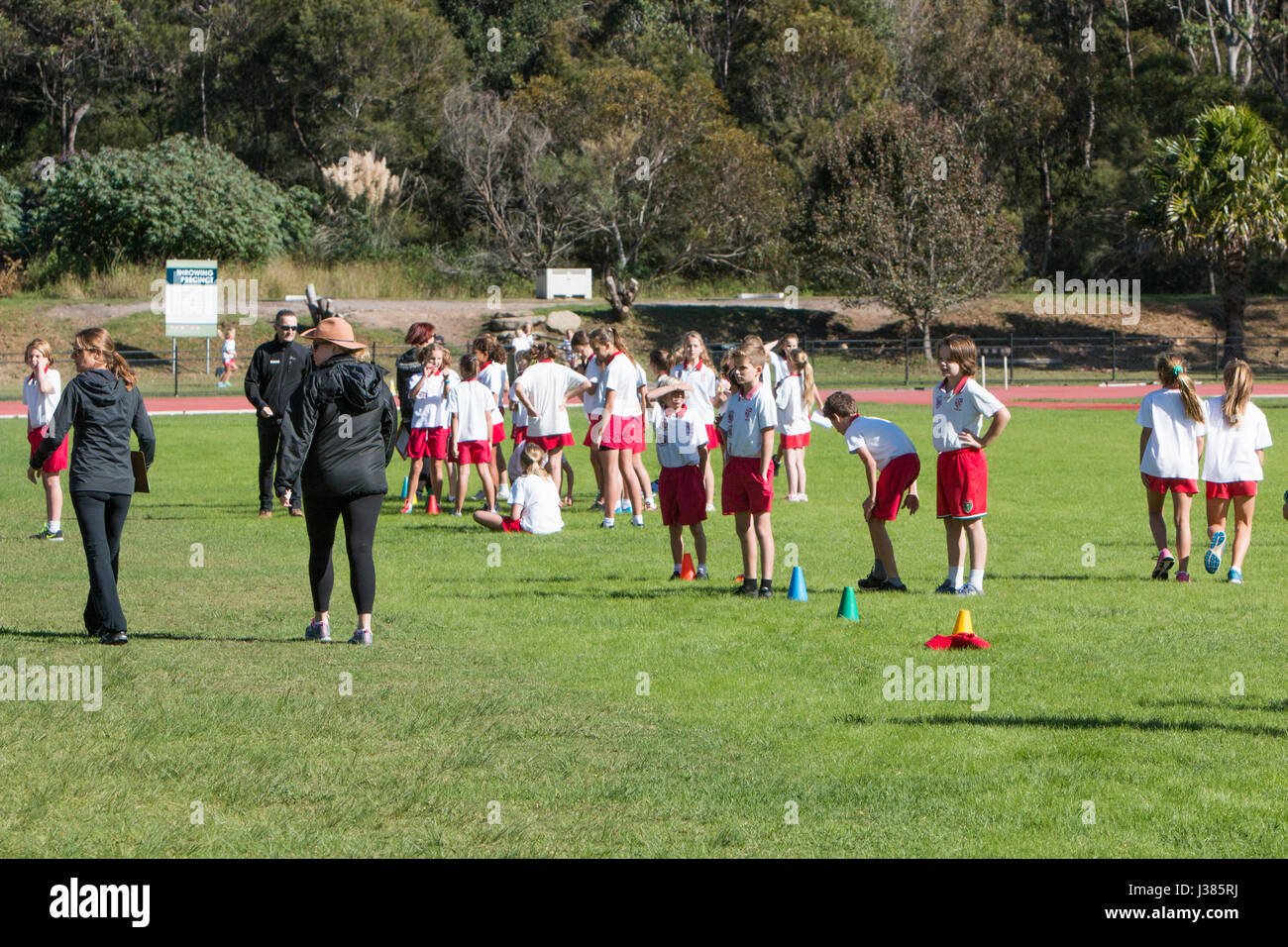 La scuola primaria australian bambini partecipanti nella loro scuola primaria annuale di atletica leggera eventi,Sydney , Australia Foto Stock