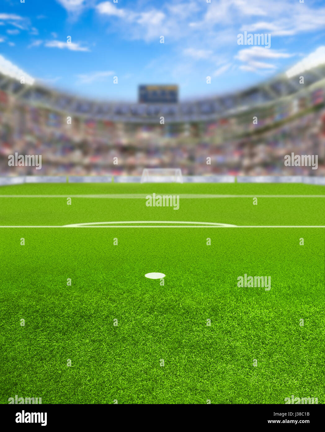 Soccer arena piena di tifosi sulle tribune con la deliberata la messa a fuoco su oggetti in primo piano e la profondità di campo sullo sfondo e copiare lo spazio. Il rendering 3D. Foto Stock