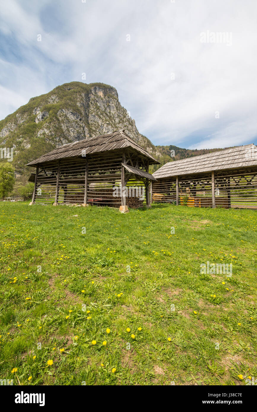 Il vecchio tradizionale in legno hayrack doppia in piccolo villaggio nei pressi di Studor Bohinj in Slovenia Foto Stock