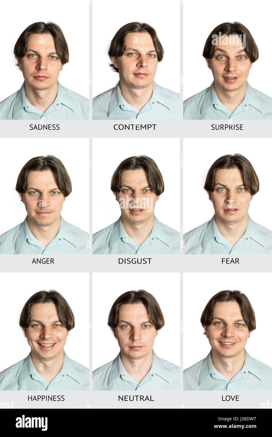 Un grafico completo di microexpressions umana. Un maschio caucasico che mostra la tristezza, disprezzo, sorpresa, rabbia disgusto, di paura e di felicità, di amore e di una posizione neutra di exp Foto Stock
