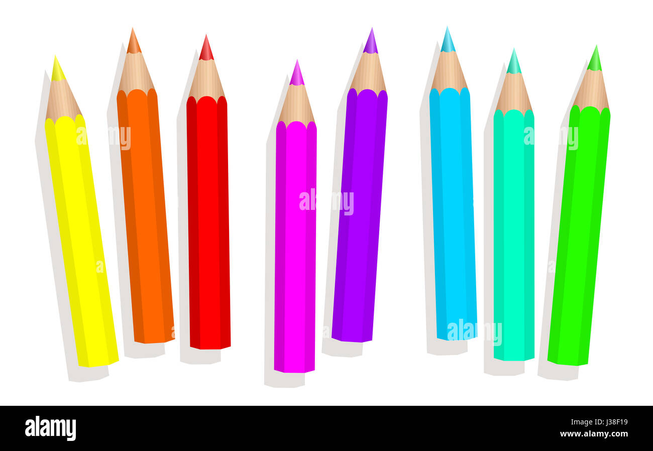 Piccolo bambino neon di pastelli - colorato fluorescente matite breve collocati in modo lasco - illustrazione isolato su sfondo bianco. Foto Stock