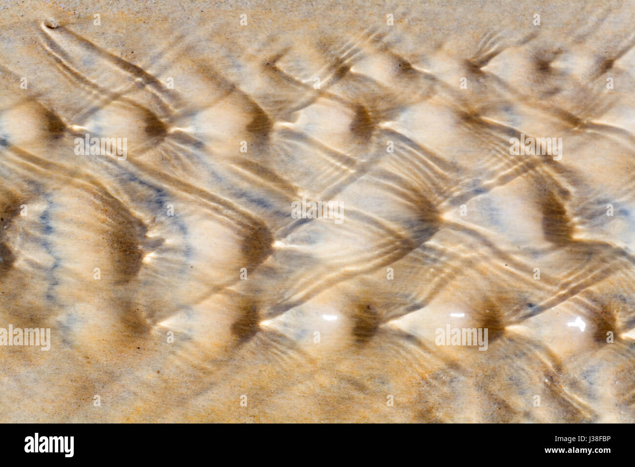 Disegno modellato nella sabbia fatta da un flusso. Close-up. Attenzione! La foto è stata scattata lente creativa. Quando si prende in considerazione l'immagine a dimensione intera ha la sfocatura a Foto Stock