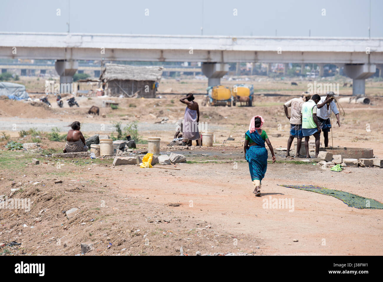 Fiume Vaigai il funzionamento a secco a Madurai, India Foto Stock